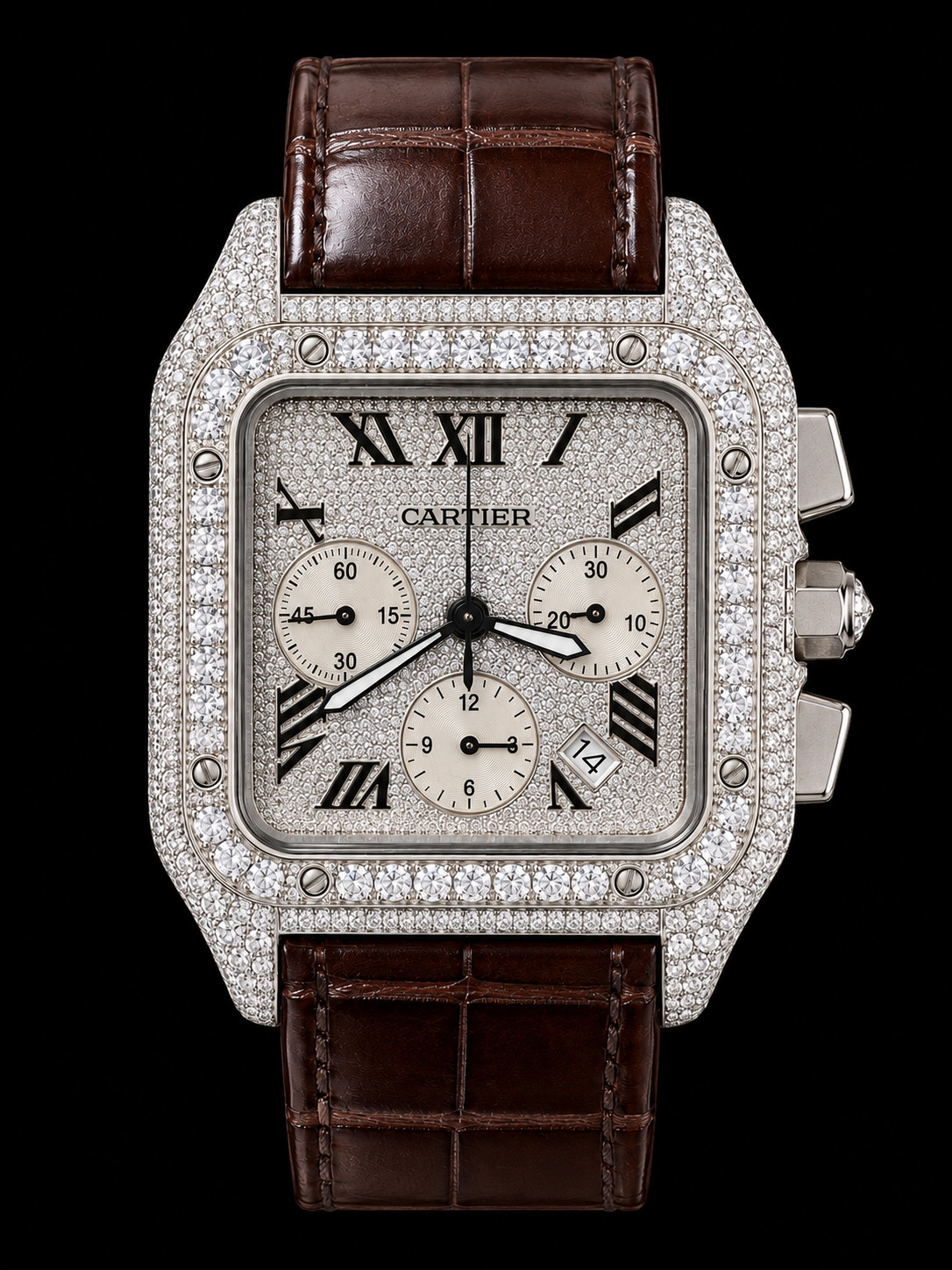 Iced Out Cartier Chronograph| Brown Leather Strap